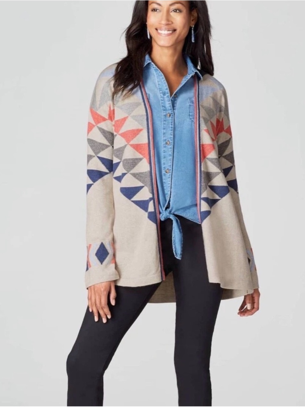 J. Jill Beige Open-Front Cardigan with Blue & Coral Geometric Pattern